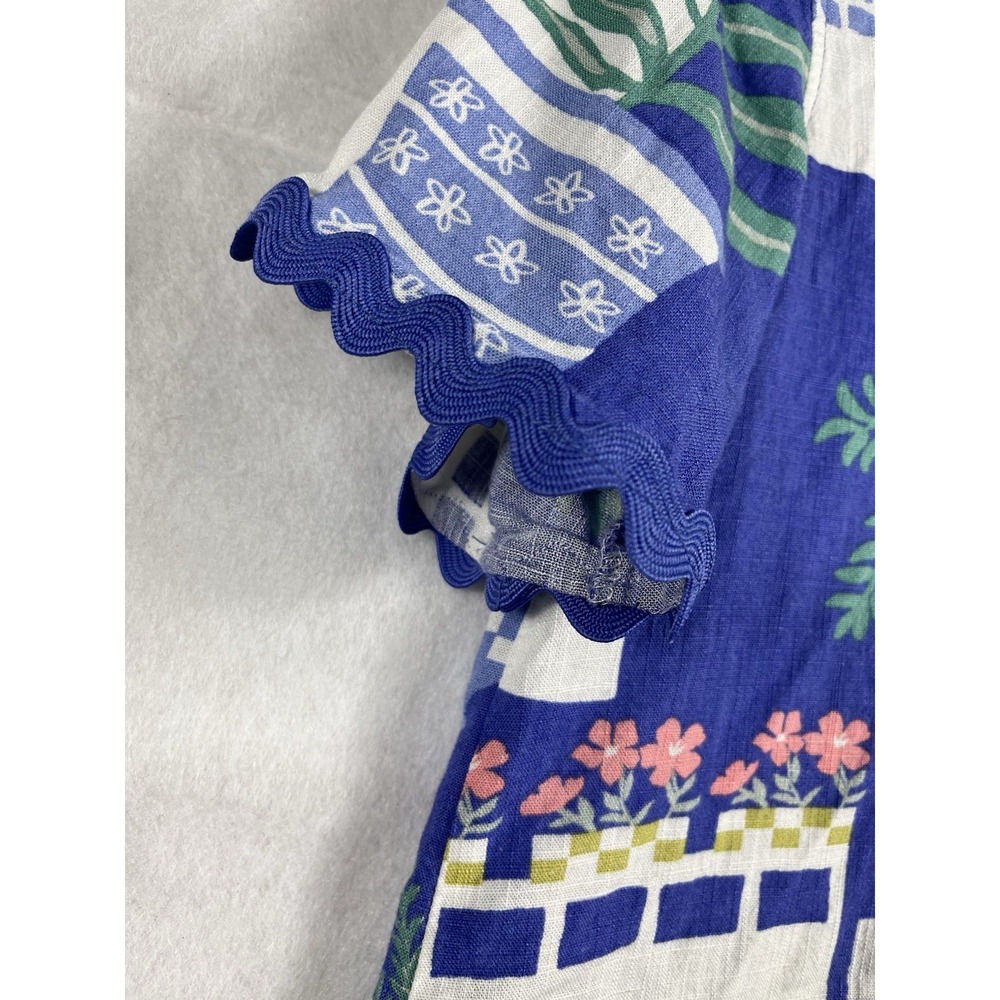 Calypso St Barth XS Linen Blend Ric Rac Trim Button Front Top Blue Print - Picture 4 of 10
